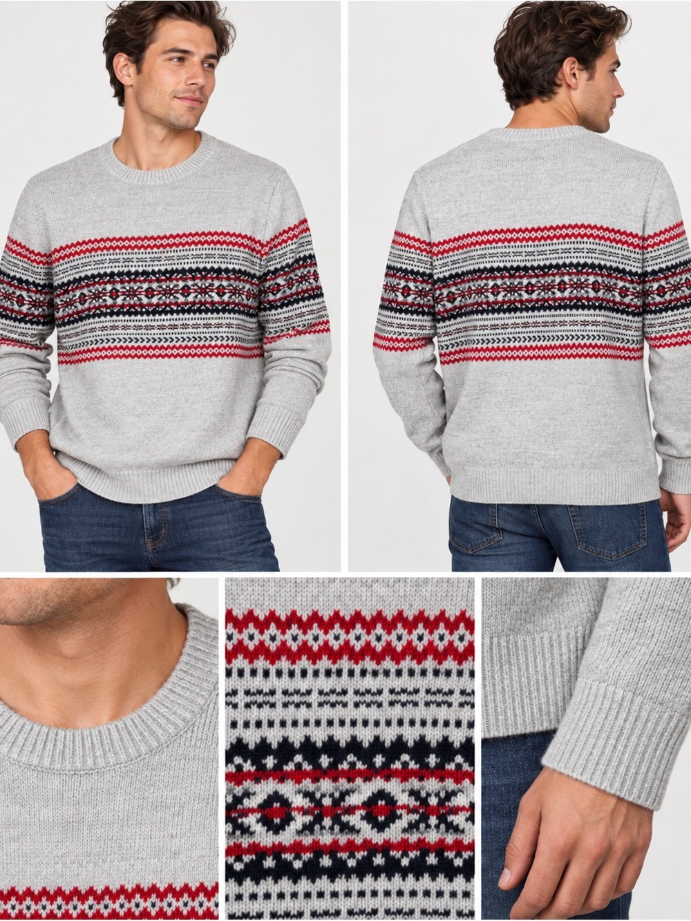 J.Crew Men’s Fair Isle Crewneck Sweater Gray Red 100% Cotton M